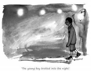 Illustration 5. The young boy trotted into the night music with a story - He trotted into the night from A Wizard in the Kitchen